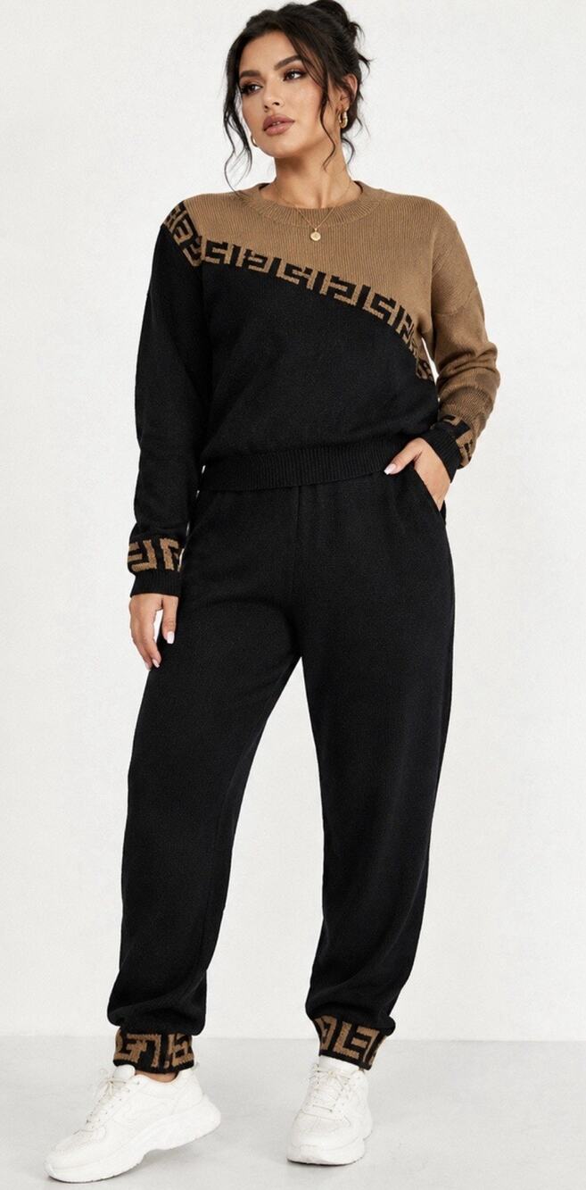 SHEIN Women’s XL 2 Piece Knit Sweater Pants Set Black Brown Geometric Outfit